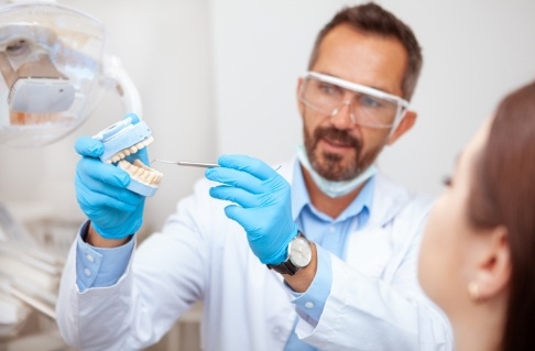 Dentist showing dental patient a smile model